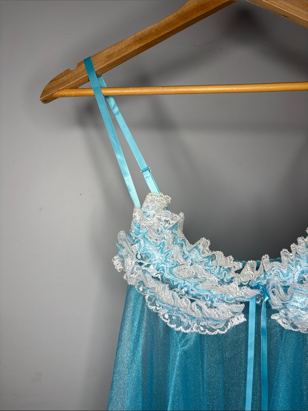 Y2K Era Sheer Ruffled Babydoll Chemise in Aqua with White Lace - Picture 4 of 9